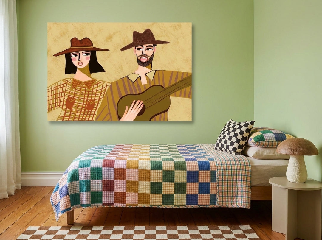 Stretched canvas wall art styled on the wall in a colourful eclectic bedroom