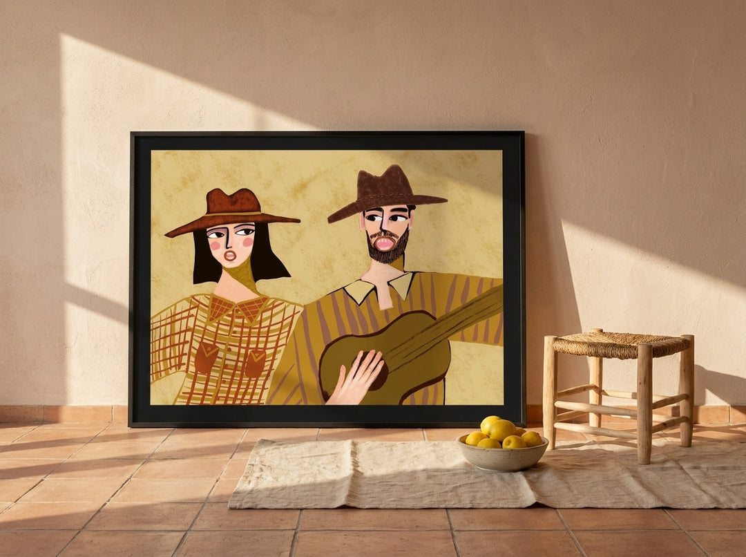 Oversized statement modern wall art print leaning against the wall in a Mediterranean living room