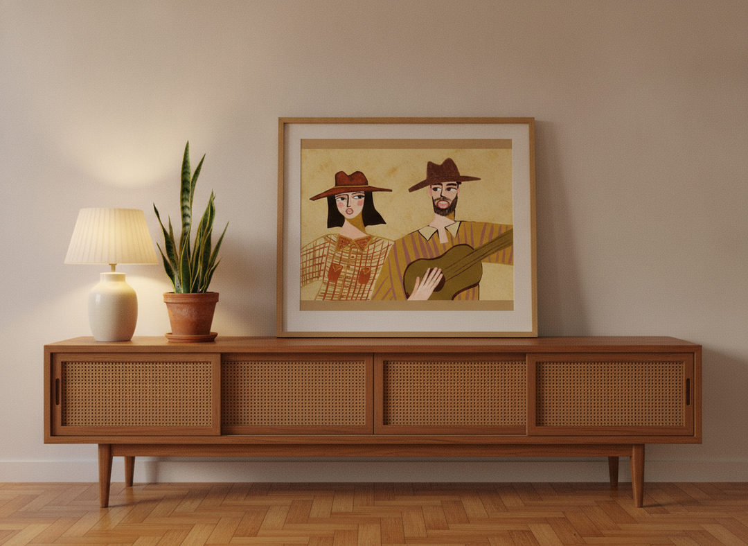 Modern wall art print standing on a sideboard in a mid-century dining room
