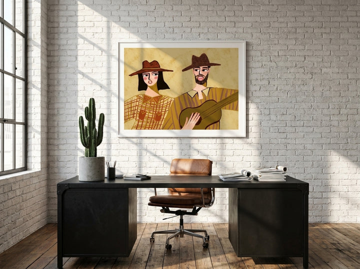 Modern wall art print styled on the wall in an industrial loft home office