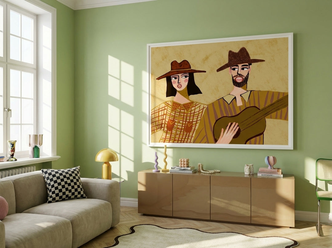 Oversized statement modern wall art print styled on the wall in a colourful eclectic living room