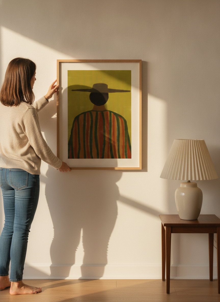Person holding modern wall art print in a mid-century living room