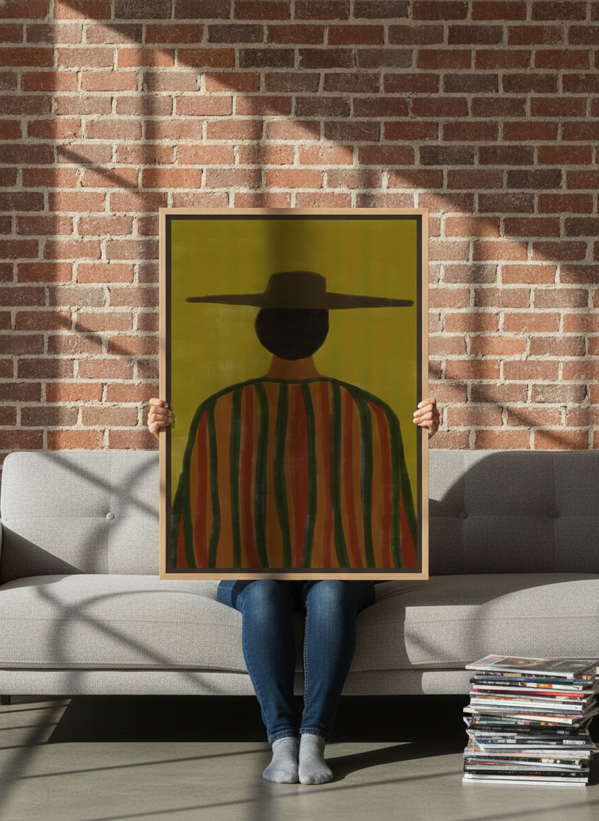 Person holding canvas wall art with a natural timber surround in an industrial loft living room