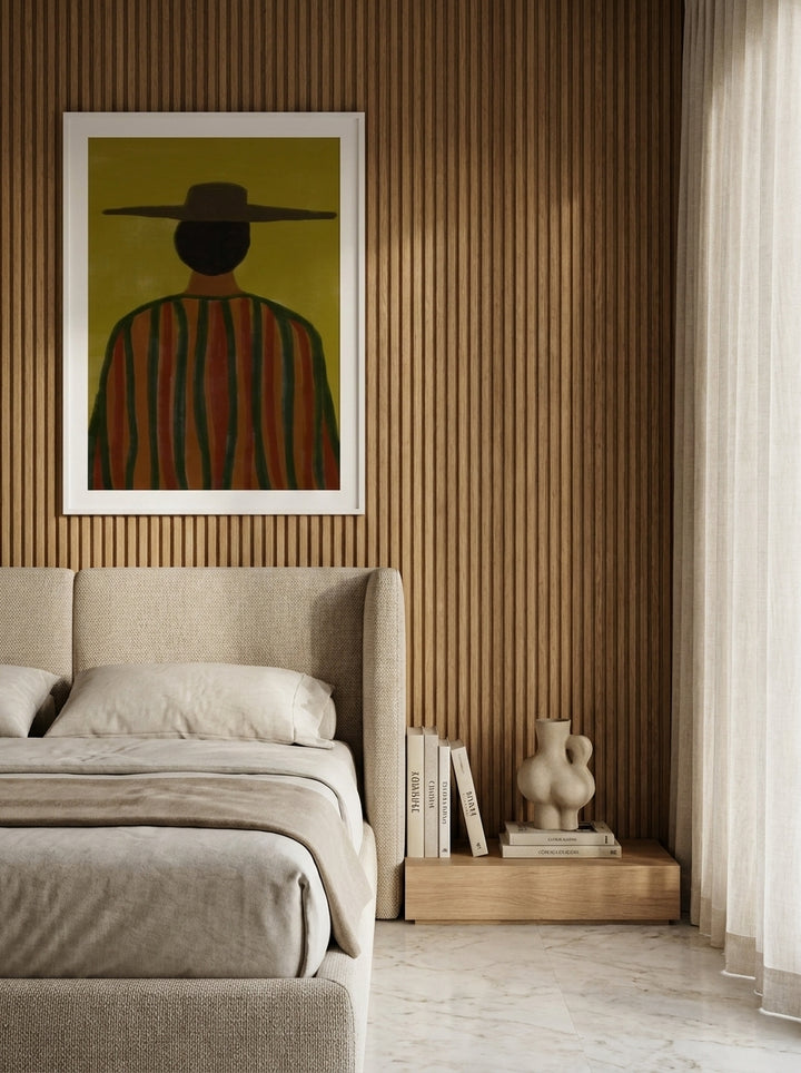 Modern wall art print styled on the wall in a luxe bedroom