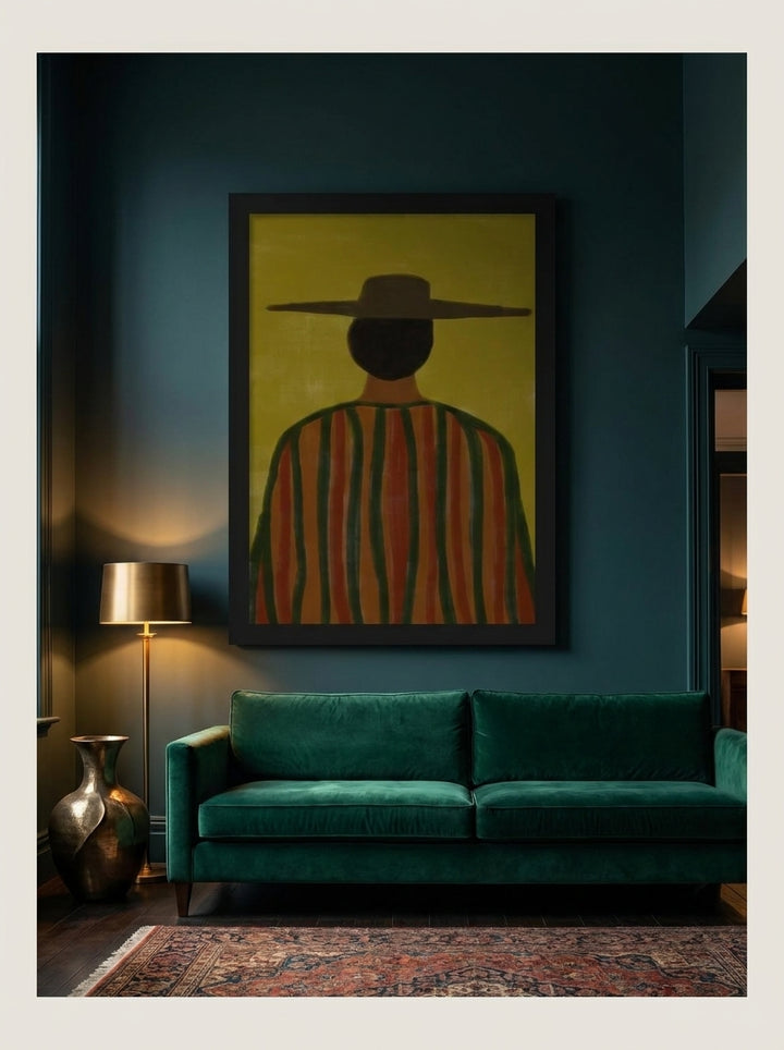 Oversized statement modern wall art print styled on the wall in a moody living room