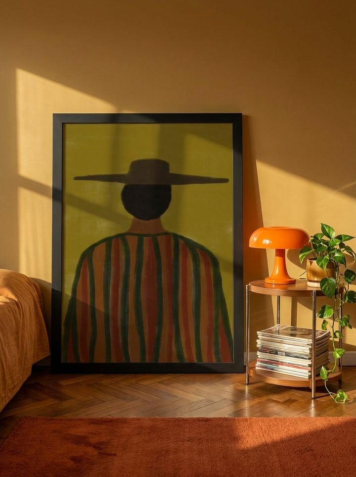 Oversized statement modern wall art print leaning against the wall in a retro 70s bedroom