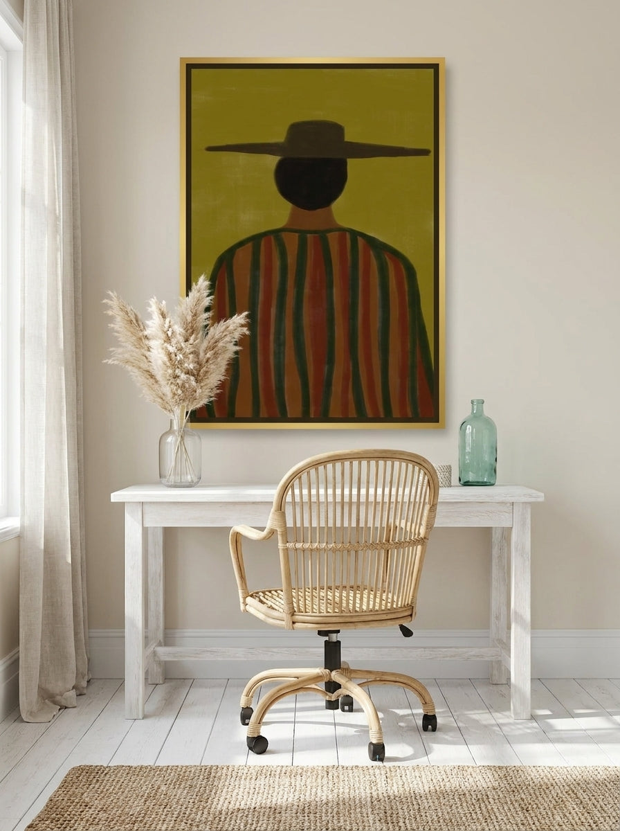 Canvas wall art with a gold leaf surround styled on the wall in a coastal home office