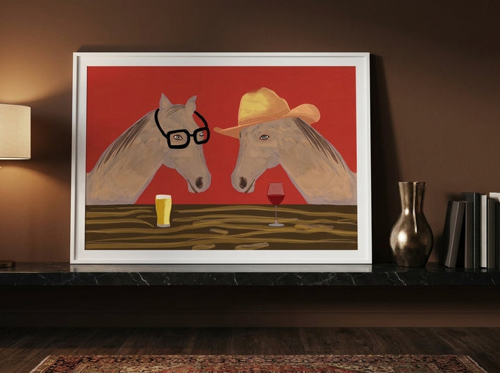 Modern wall art print standing on a kitchen bench in a moody kitchen