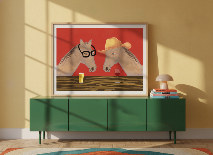 Modern wall art print standing on a sideboard in a colourful eclectic living room