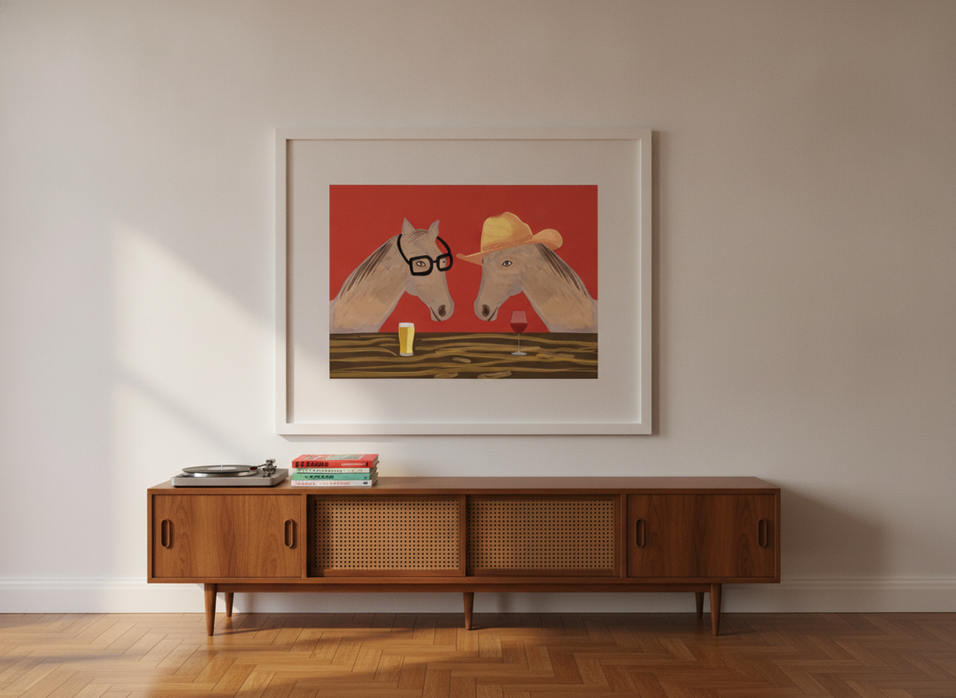 Oversized statement modern wall art print styled on the wall in a mid-century living room