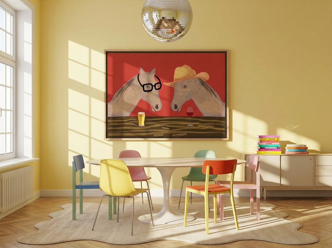 Oversized statement canvas wall art with a natural timber surround styled on the wall in a colourful eclectic dining room