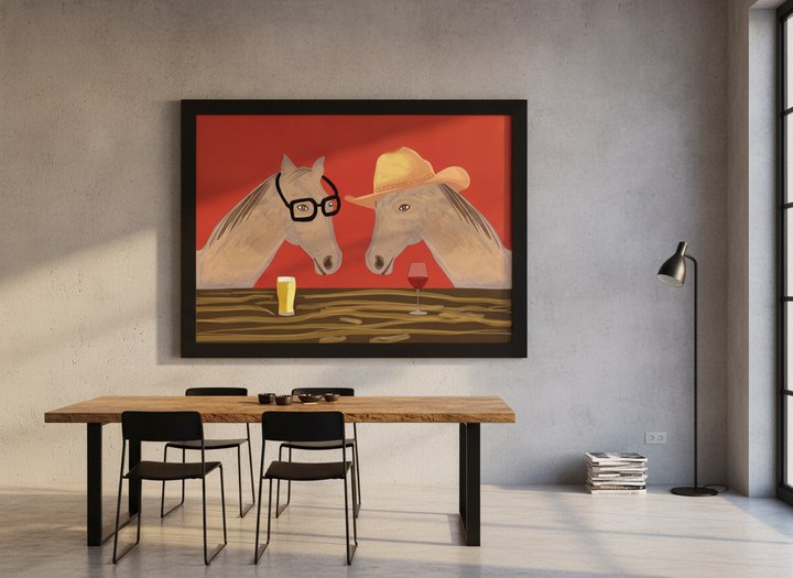 Oversized statement modern wall art print styled on the wall in an industrial loft dining room