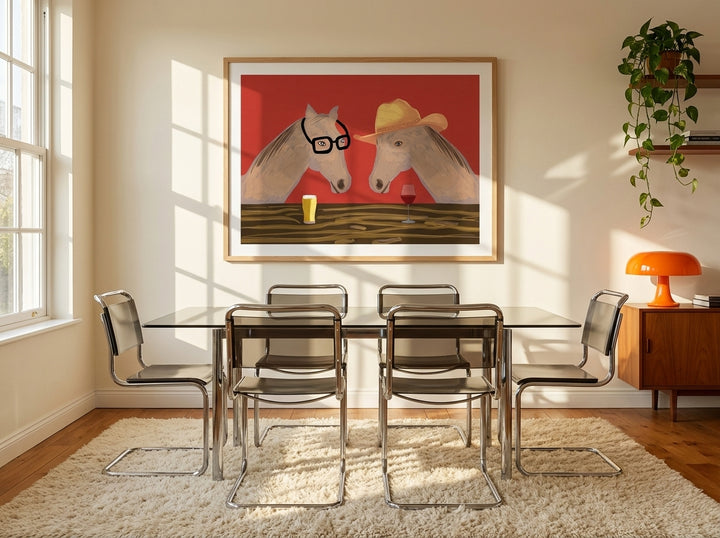Modern wall art print styled on the wall in a retro 70s dining room