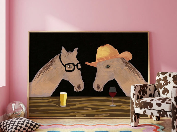 Oversized statement modern wall art print leaning against the wall in a colourful eclectic dining room