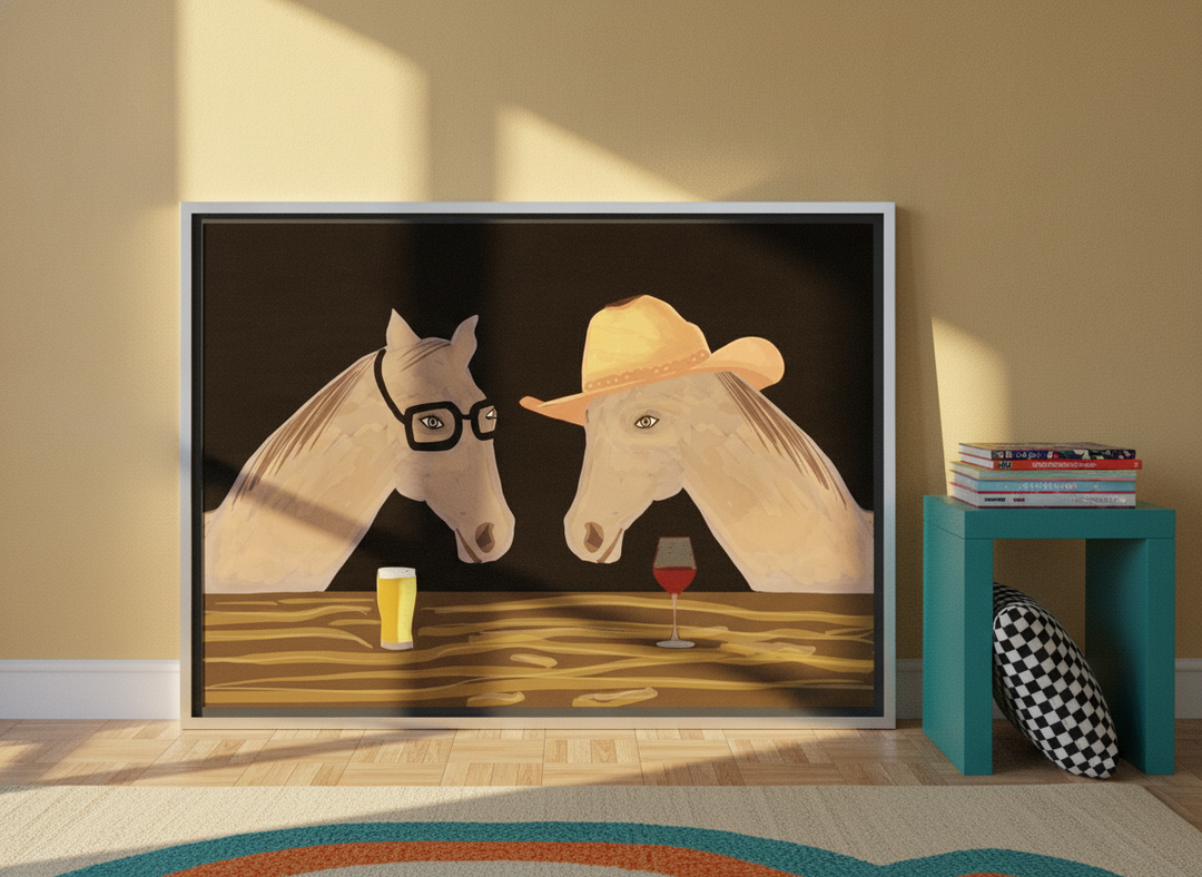 Canvas wall art with a silver leaf surround leaning against the wall in a colourful eclectic bedroom