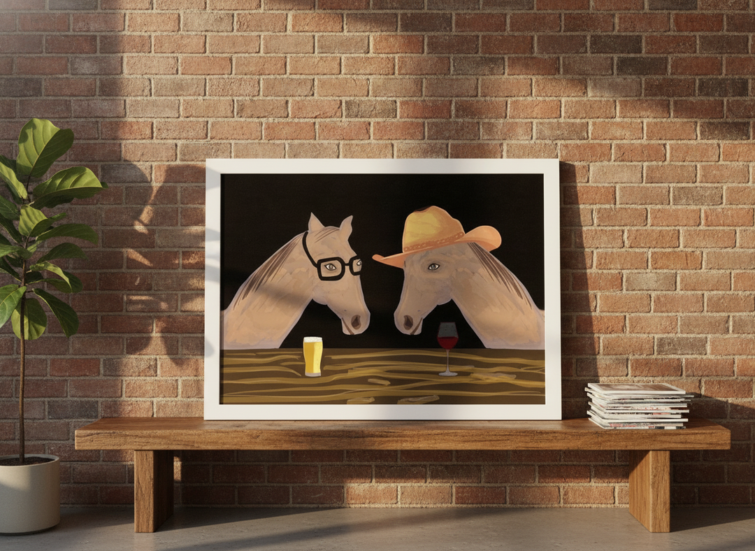 Modern wall art print standing on a bench in an industrial loft living room
