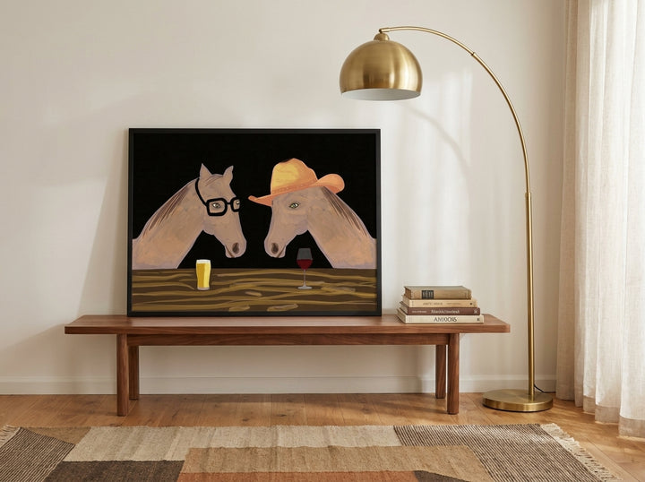 Modern wall art print standing on a kitchen bench in a mid-century kitchen