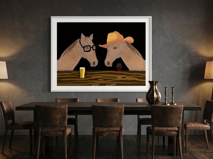 Modern wall art print styled on the wall in a moody dining room