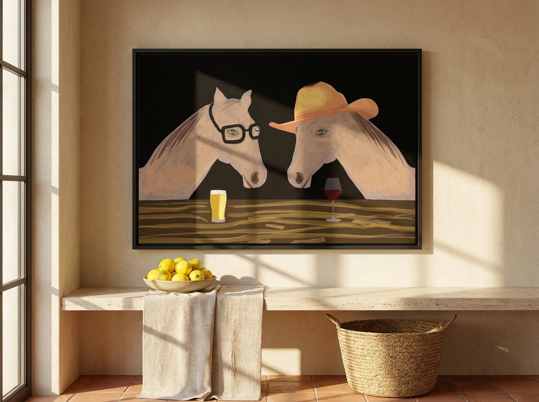 Canvas wall art with a black surround styled on the wall in a Mediterranean kitchen