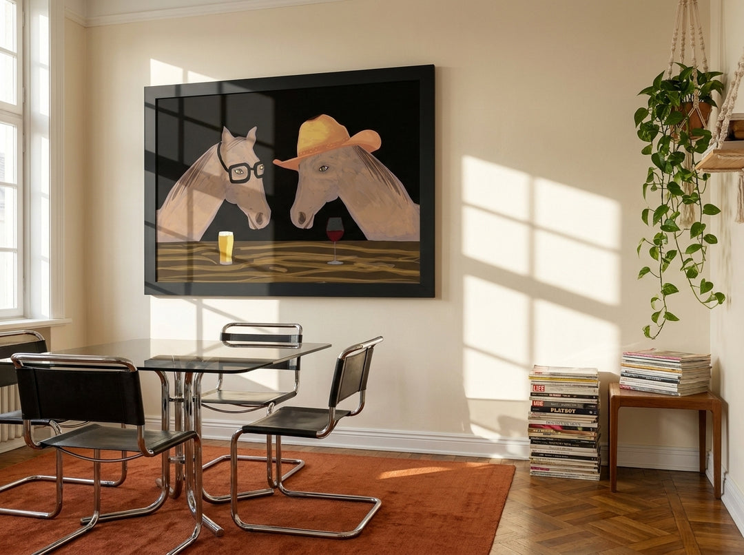 Oversized statement modern wall art print styled on the wall in a retro 70s dining room