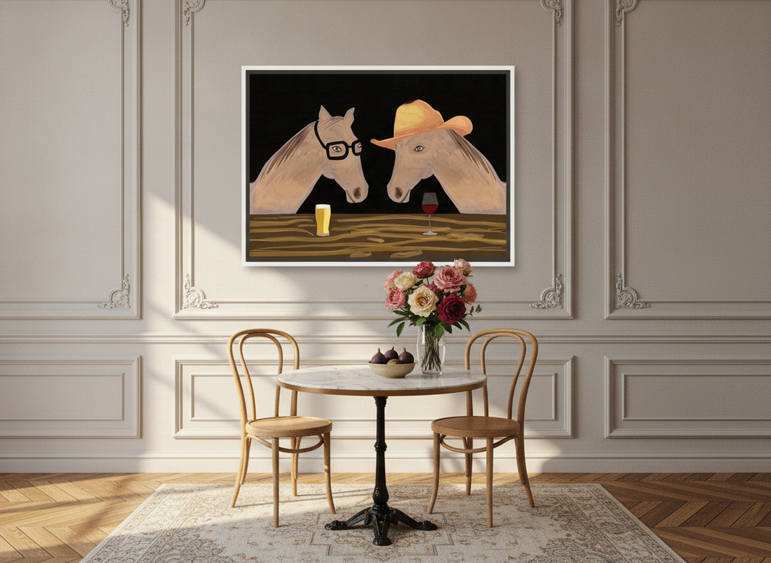 Oversized statement canvas wall art with a white surround styled on the wall in a Parisian dining room