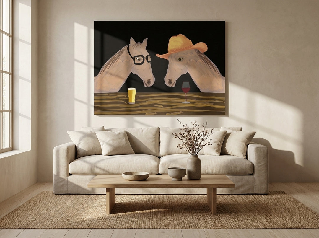 Stretched canvas wall art styled on the wall in a warm Japandi living room