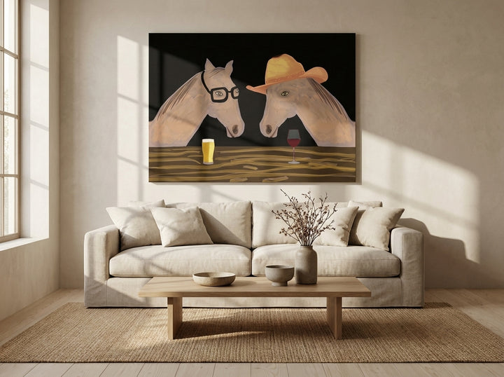 Stretched canvas wall art styled on the wall in a warm Japandi living room
