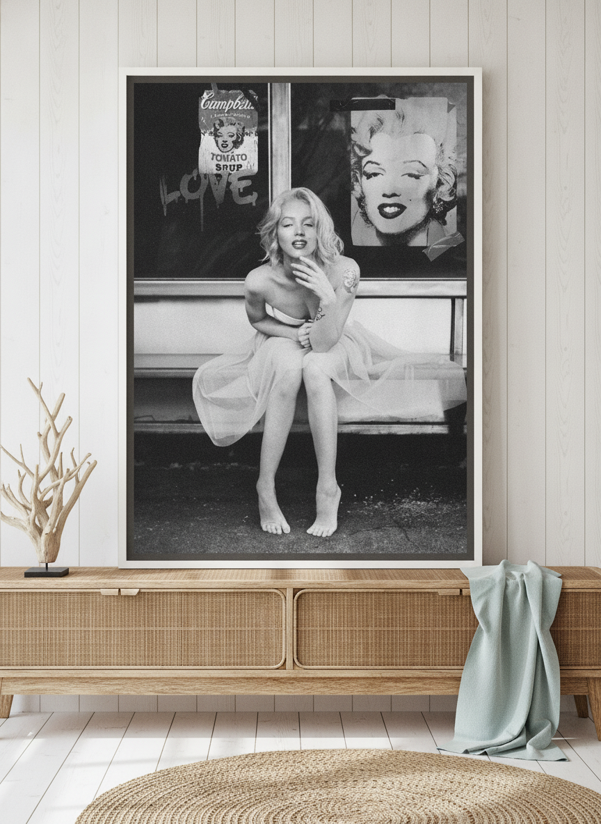 Canvas wall art with a white surround standing on a sideboard in a coastal home office