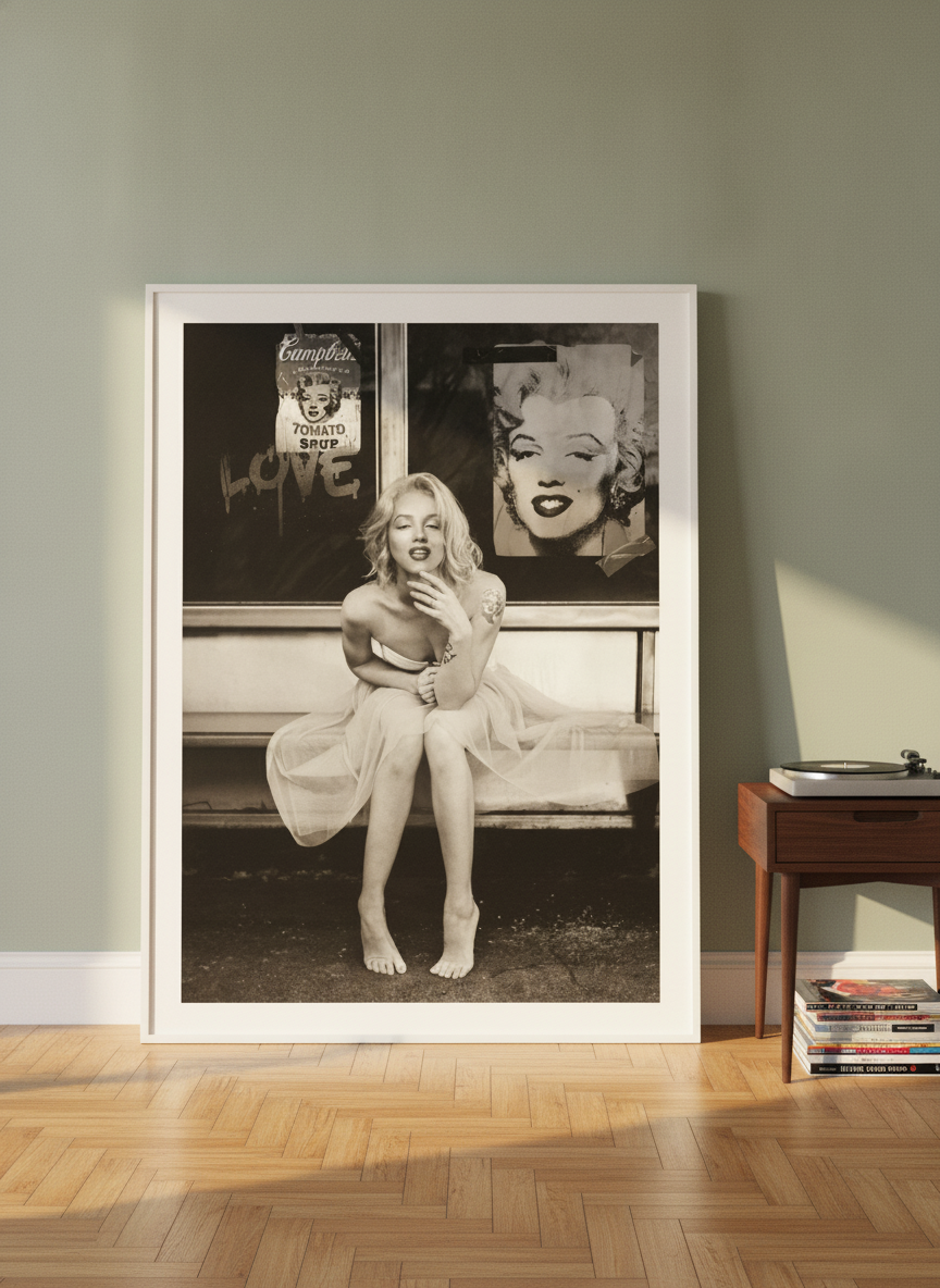 Oversized statement modern wall art print leaning against the wall in a mid-century living room