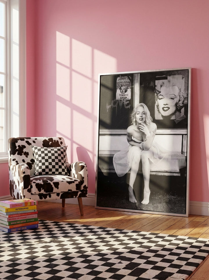 Canvas wall art with a silver leaf surround leaning against the wall in a colourful eclectic bedroom