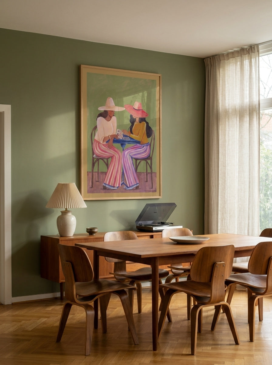 Oversized statement modern wall art print styled on the wall in a mid-century dining room