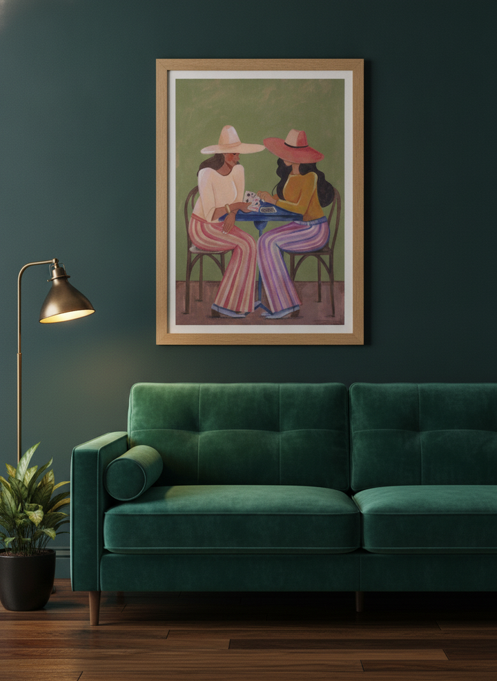 Modern wall art print styled on the wall in a moody living room