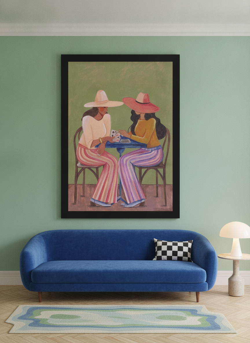 Oversized statement modern wall art print styled on the wall in a colourful eclectic living room