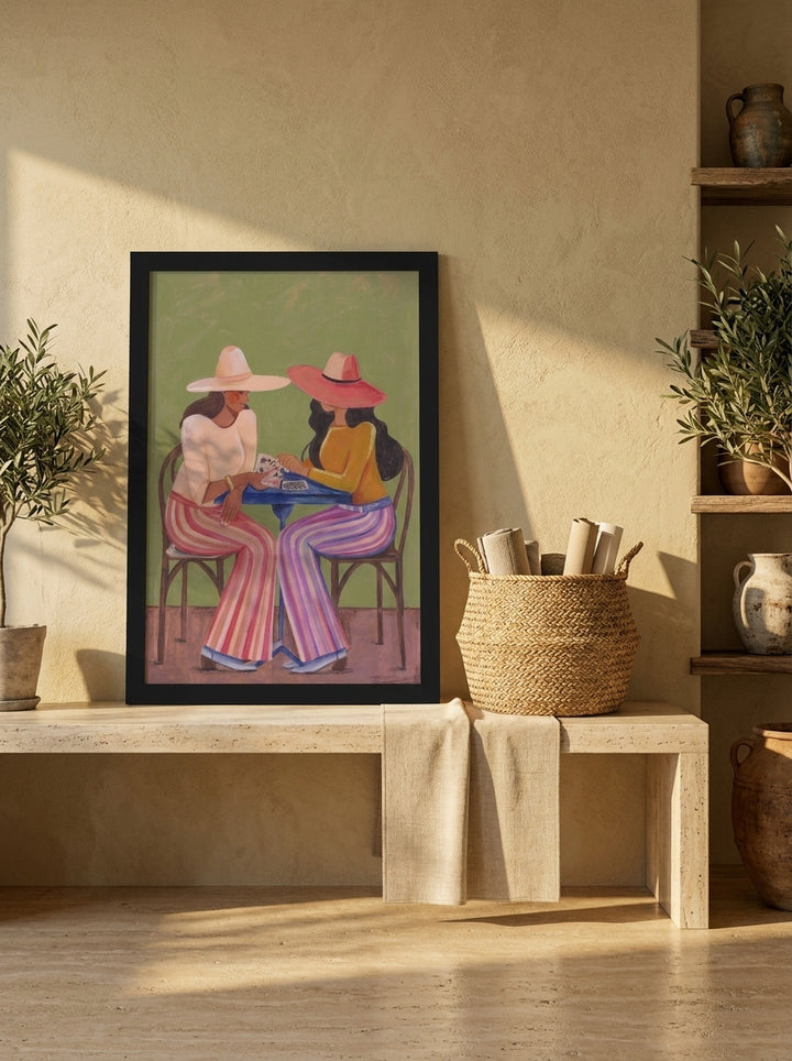 Modern wall art print standing on a console in a Mediterranean home office