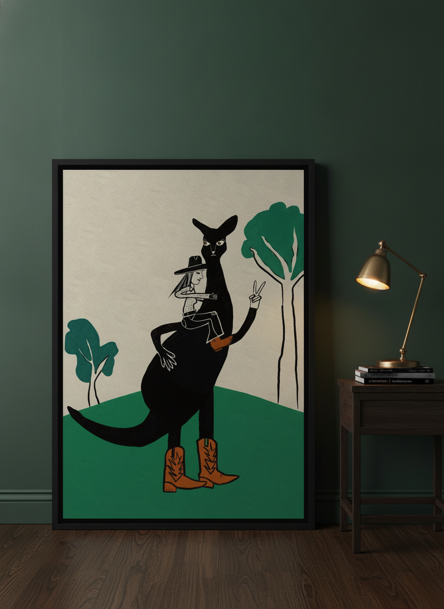 Canvas wall art with a black surround leaning against the wall in a moody bedroom