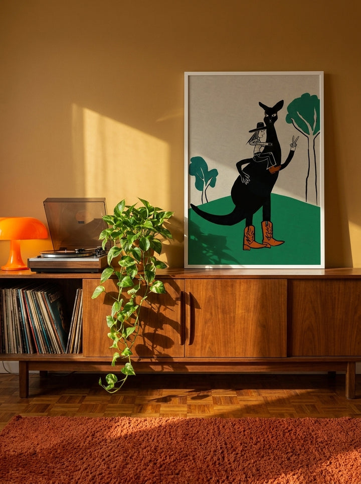 Modern wall art print standing on a sideboard in a retro 70s living room