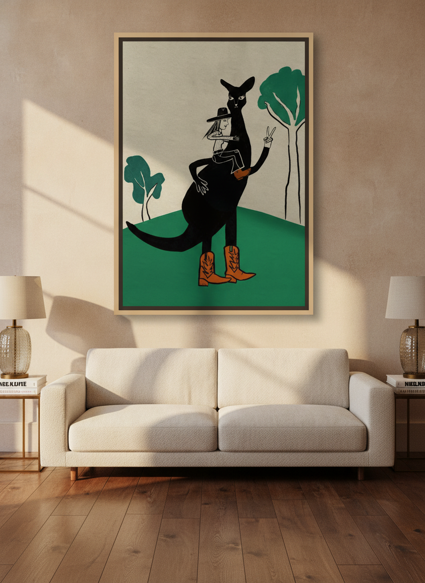 Oversized statement canvas wall art with a natural timber surround styled on the wall in a luxe living room