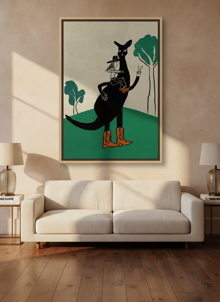 Oversized statement canvas wall art with a natural timber surround styled on the wall in a luxe living room