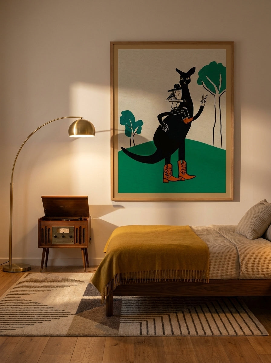 Oversized statement modern wall art print styled on the wall in a mid-century bedroom
