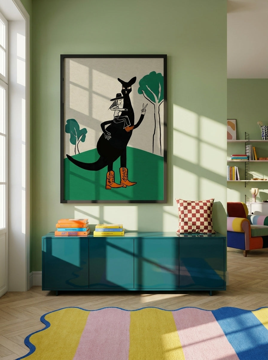 Oversized statement modern wall art print styled on the wall in a colourful eclectic living room