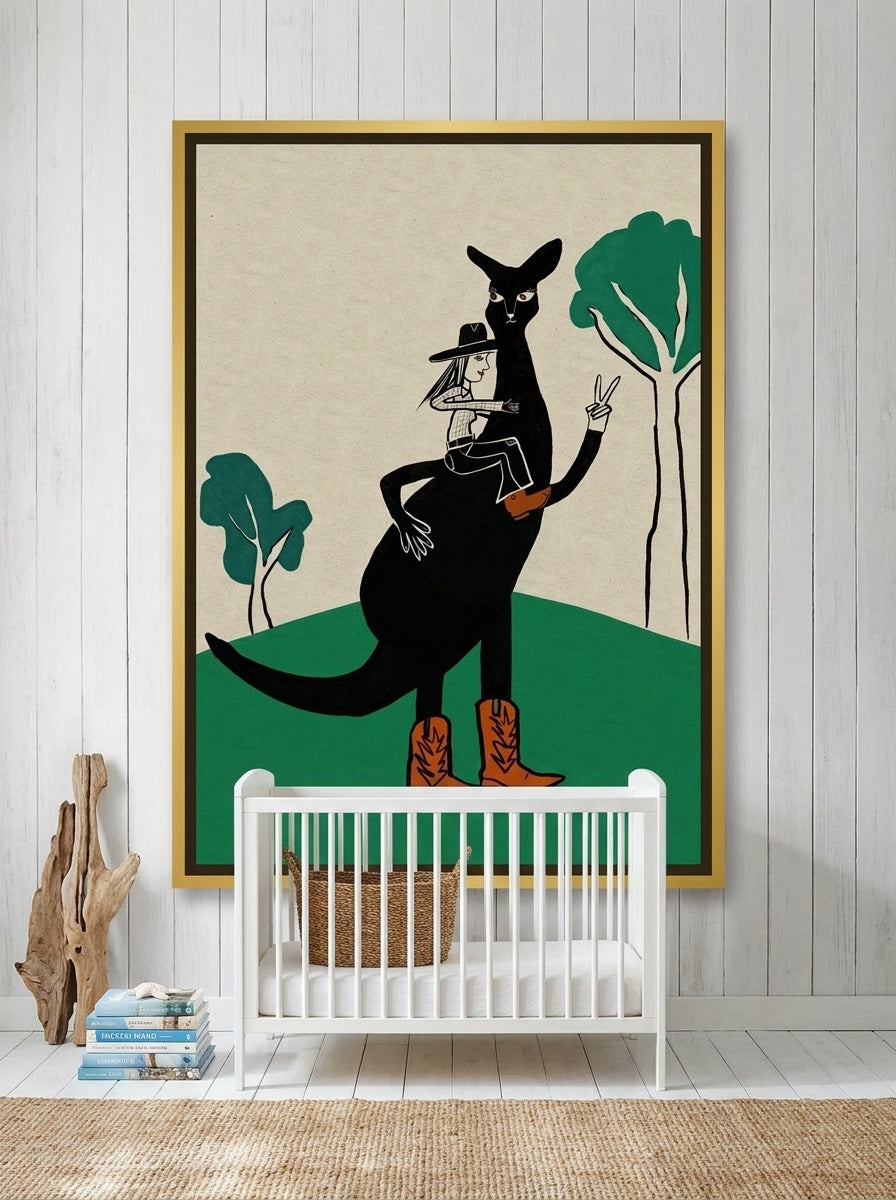 Canvas wall art with a gold leaf surround styled on the wall in a coastal nursery