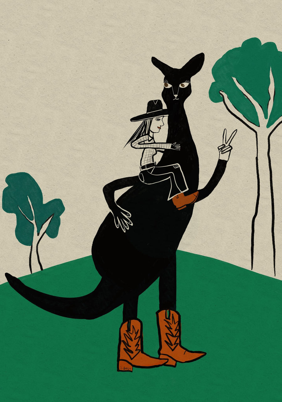 Cowboy Kangaroo Ride By Sharyn Bursic | Art & Canvas Print
