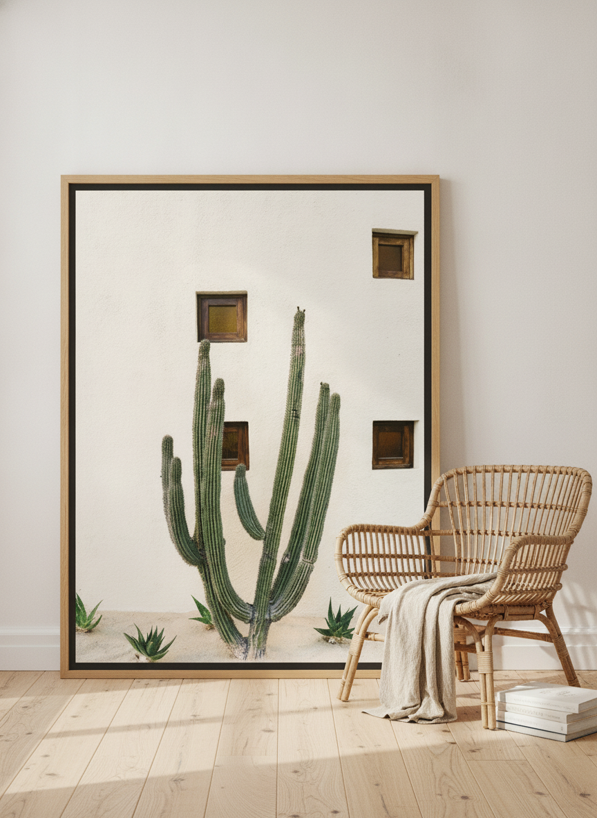 Oversized statement canvas wall art with a natural timber surround leaning against the wall in a coastal living room