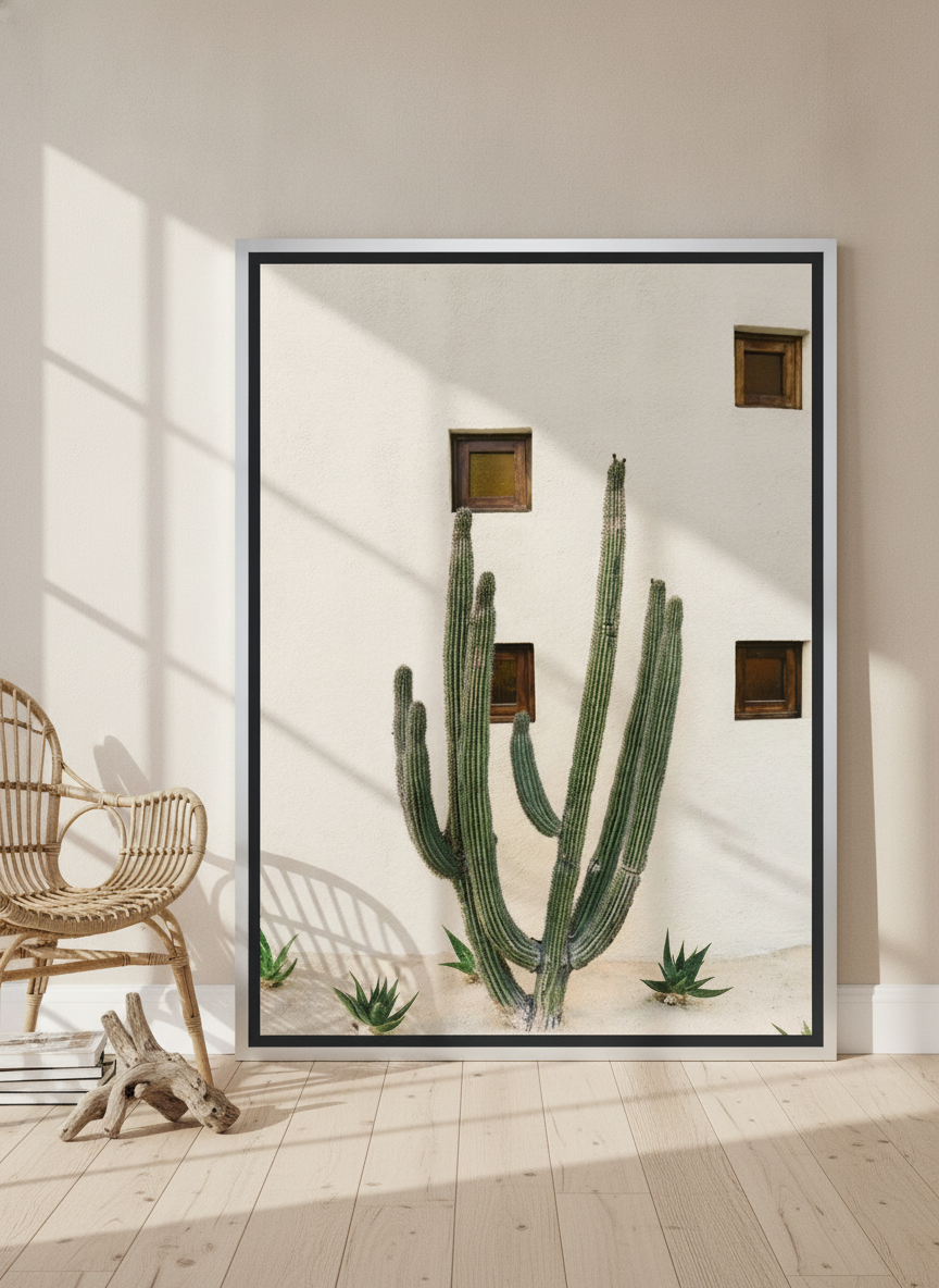 Oversized statement canvas wall art with a silver leaf surround leaning against the wall in a coastal bedroom