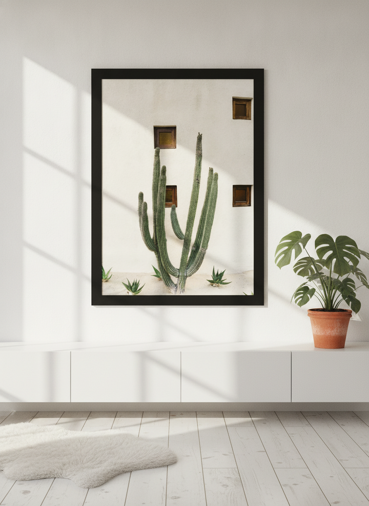 Modern wall art print styled on the wall in a bright Scandinavian living room
