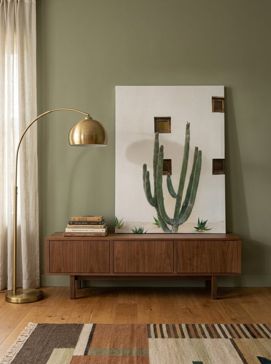 Stretched canvas wall art standing on a sideboard in a mid-century home office