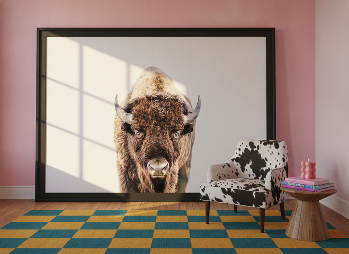 Oversized statement modern wall art print leaning against the wall in a colourful eclectic living room