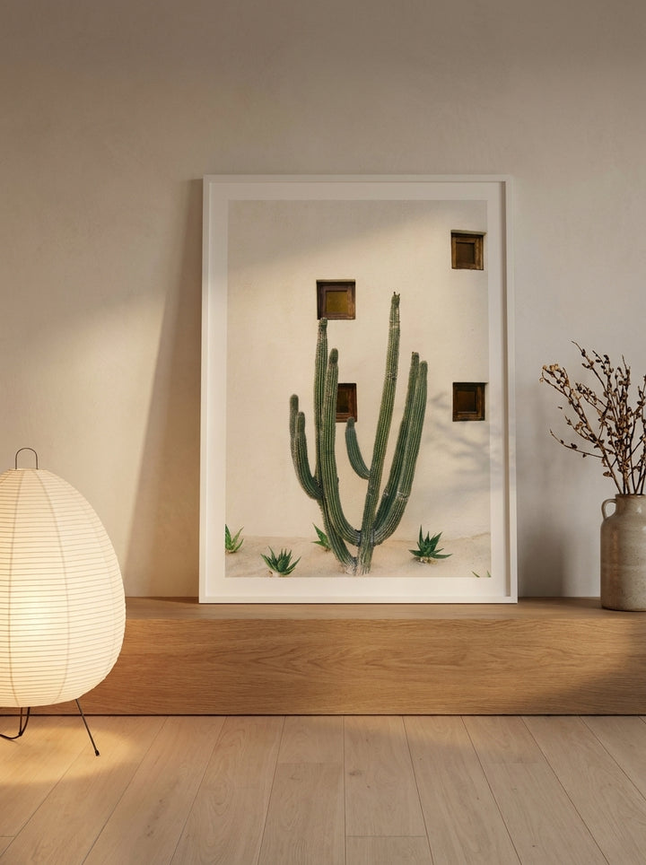 Modern wall art print standing on a shelf in a warm Japandi home office