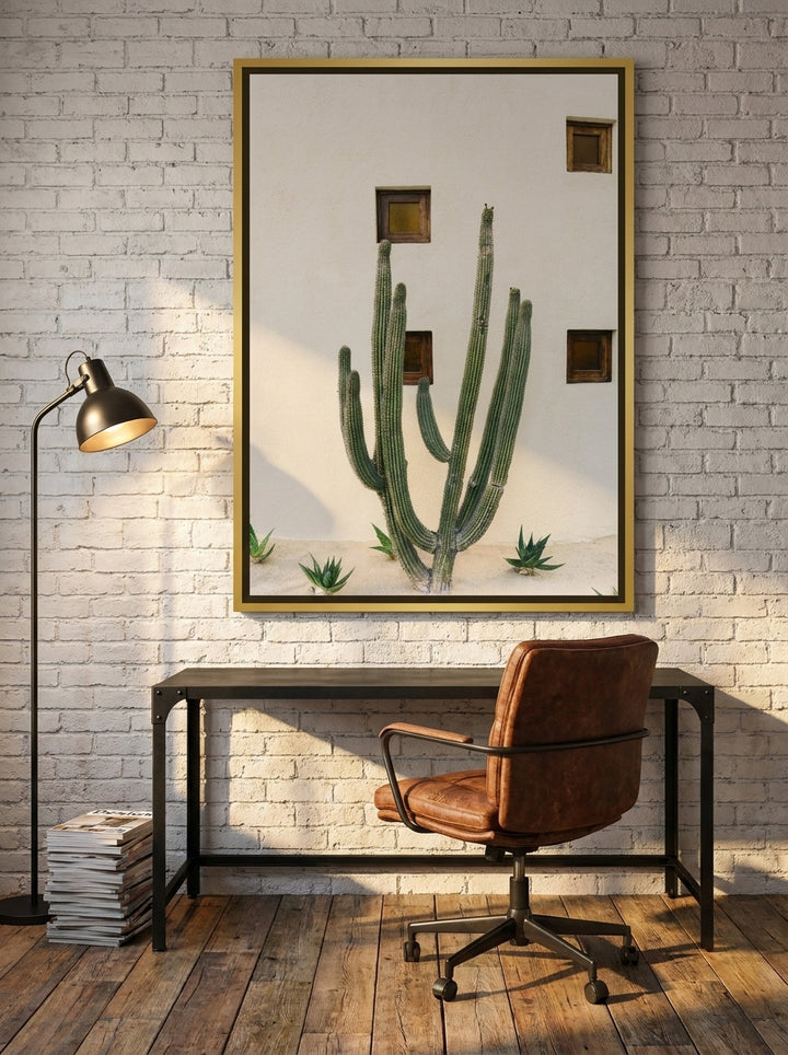Canvas wall art with a gold leaf surround styled on the wall in an industrial loft home office