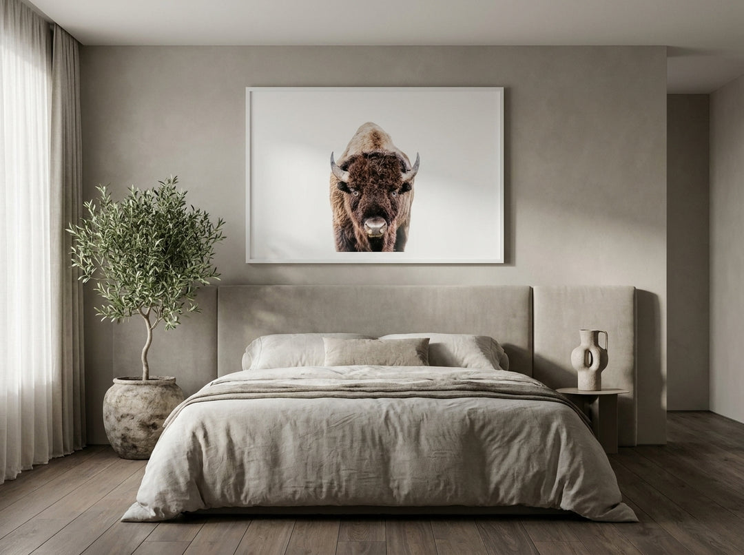 Oversized statement modern wall art print styled on the wall in a luxe bedroom